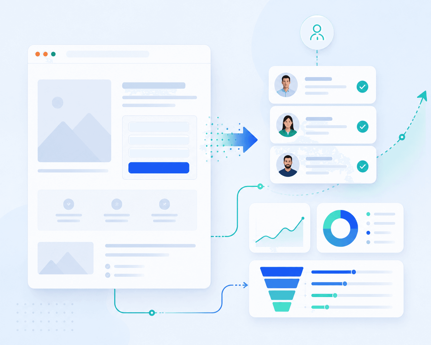 Esquema visual de una landing page conectada con leads y medición