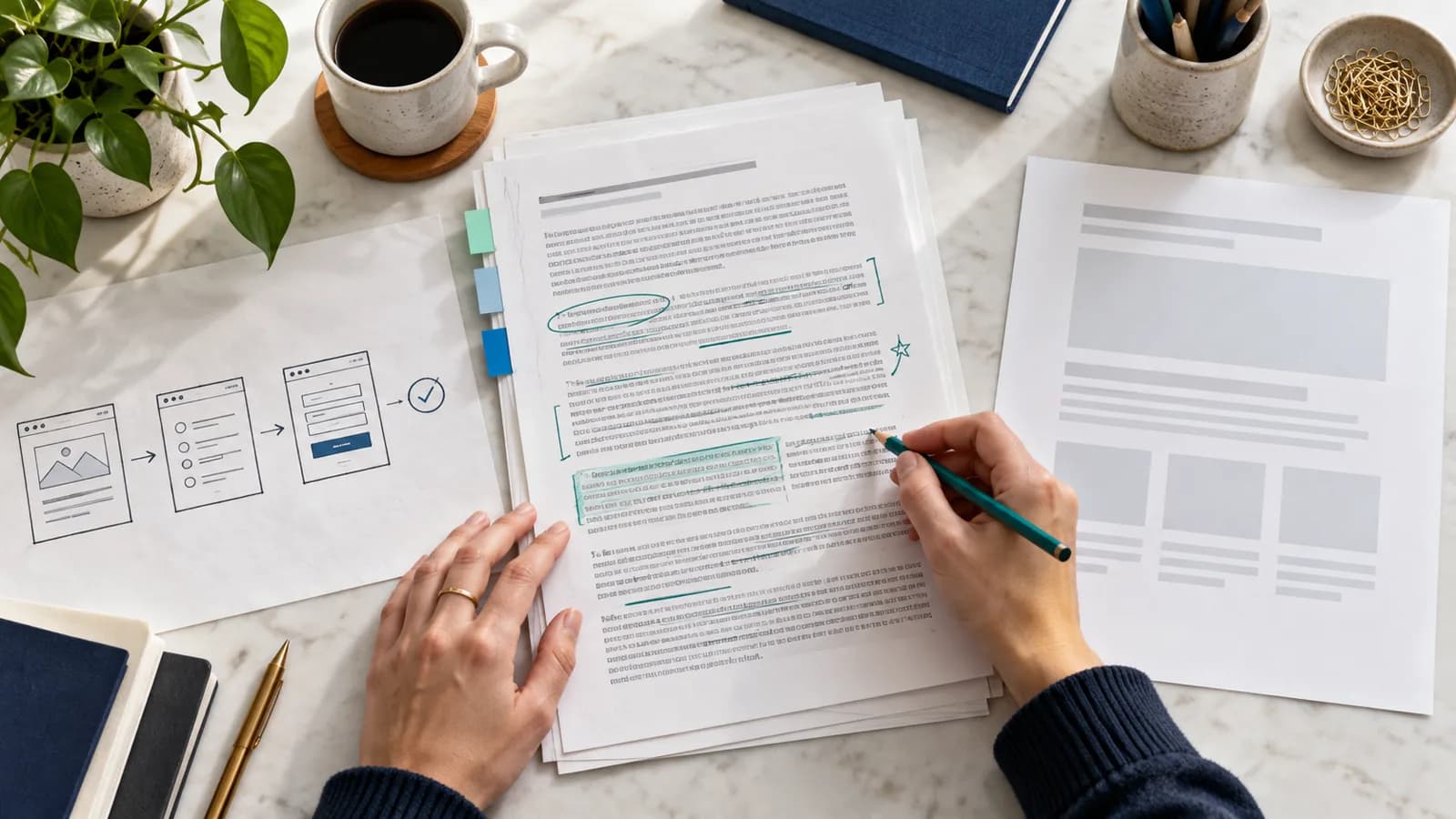 Un artículo impreso con anotaciones editoriales junto a hojas nuevas sobre un escritorio